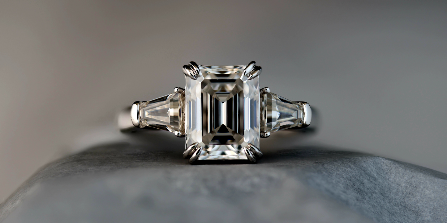 Three Stone Series: Emerald with Tapered Baguette Side Stones - Natural/Earth Mined