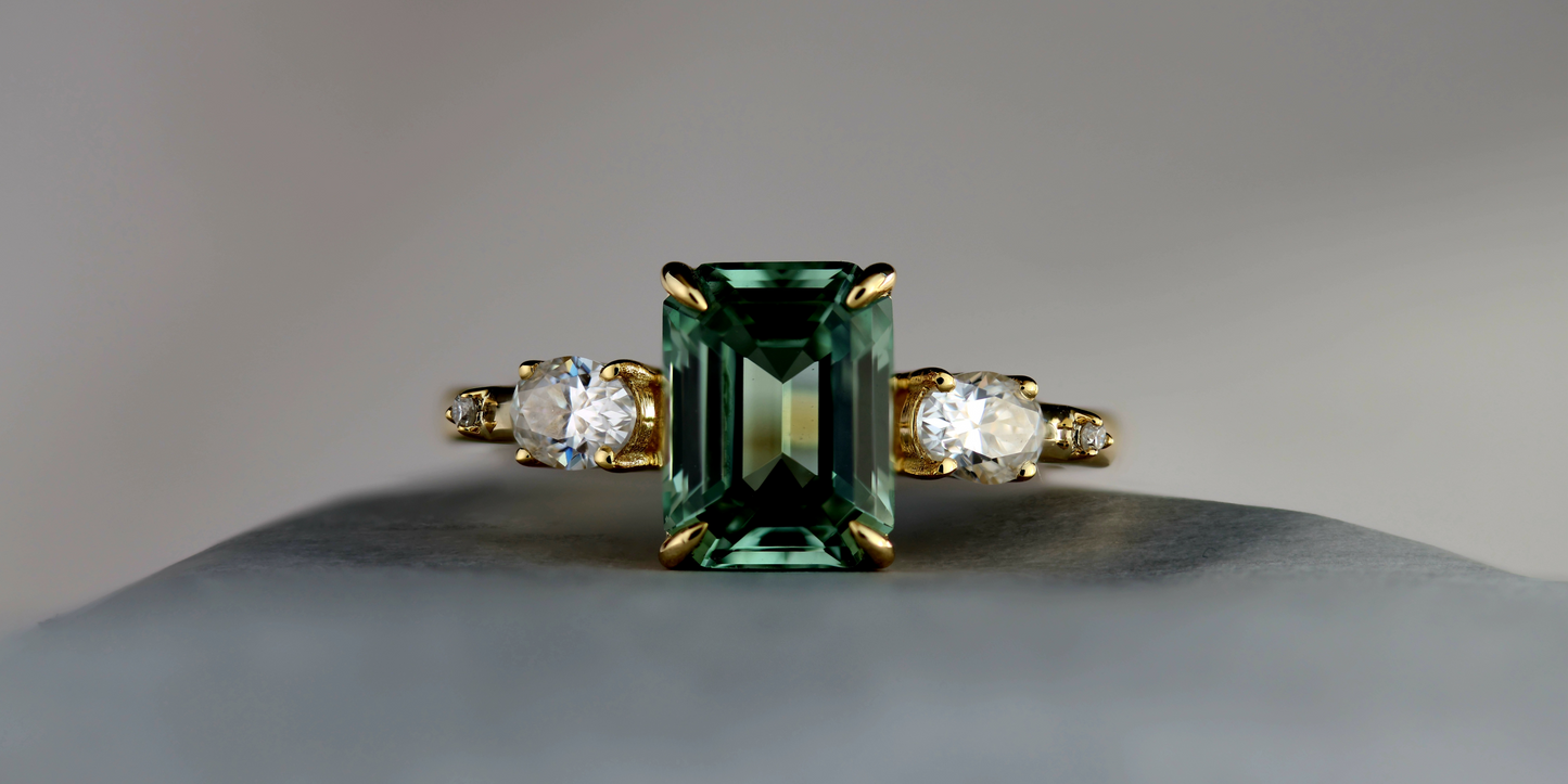 Emerald Cut - Yellow Gold - 4 Side Stone Ring