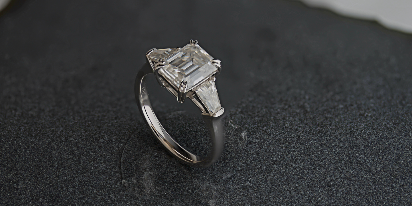 Three Stone Series: Emerald with Tapered Baguette Side Stones - Natural/Earth Mined